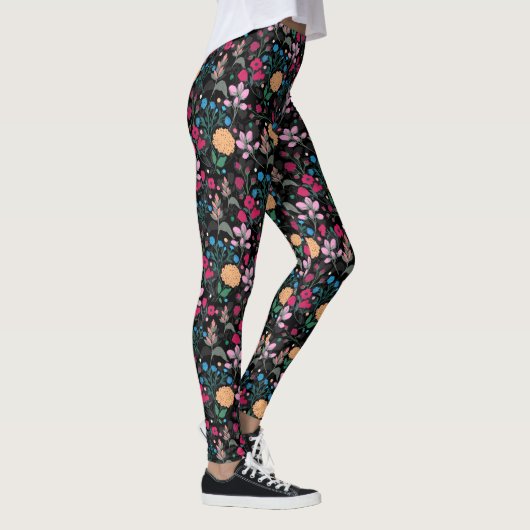 roze en geel, klein, Floral zwart design Leggings (Rechts)