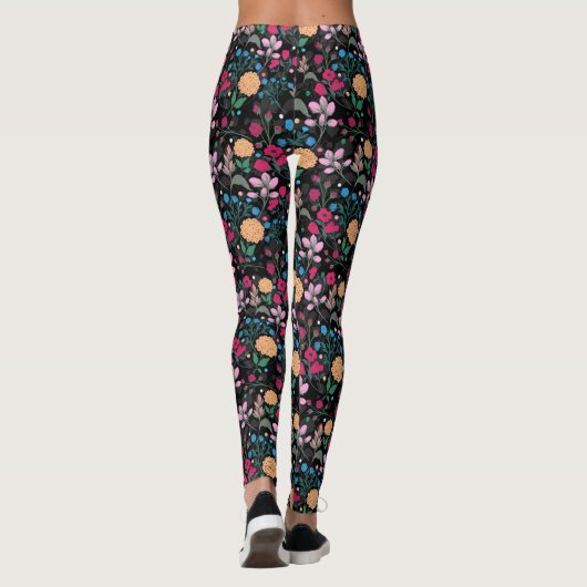  roze en geel, klein, Floral zwart design Leggings (Achterkant)