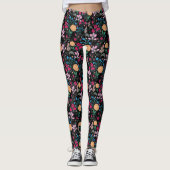 roze en geel, klein, Floral zwart design Leggings (Voorkant)