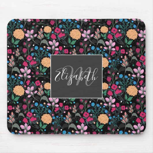  roze en geel, klein, Floral zwart design Muismat (Voorkant)
