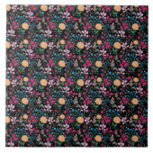  roze en geel, klein, Floral zwart design Tegeltje (Voorkant)
