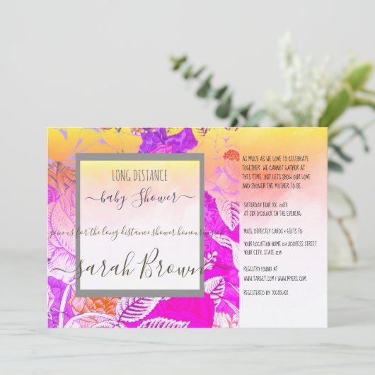 ROZE EN GEEL LANGE AFSTAND BABY SHOWER KAART (Staand voorkant)