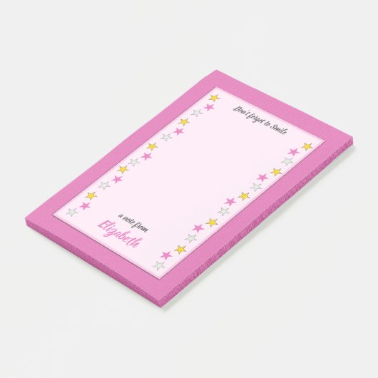 Roze en geel met sterren en naam post-it® notes (Schuin)