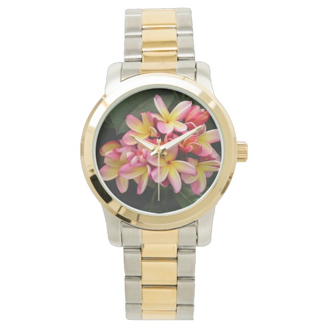 Roze en Geel Plumeria Bloemen Two-Tone Horloge (Voorkant)