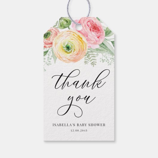 Roze en Geel Ranunculus Baby shower Dank u Cadeaulabel (Achterkant)