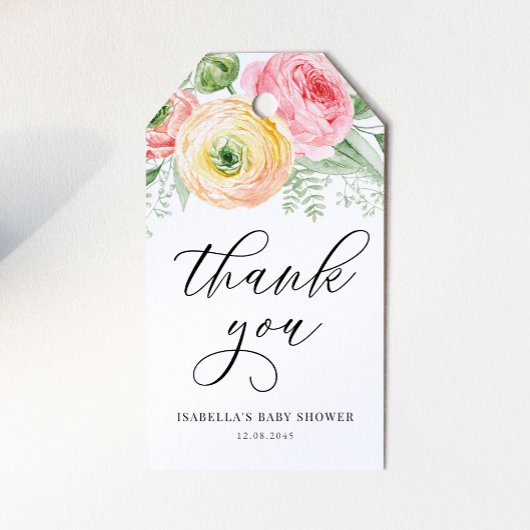 Roze en Geel Ranunculus Baby shower Dank u Cadeaulabel