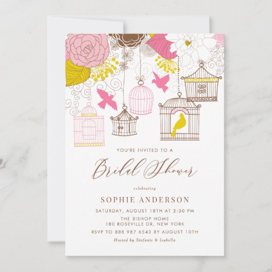 Roze en Geel Whimsical Birdcages Vrijgezellenfeest Kaart (Voorkant)