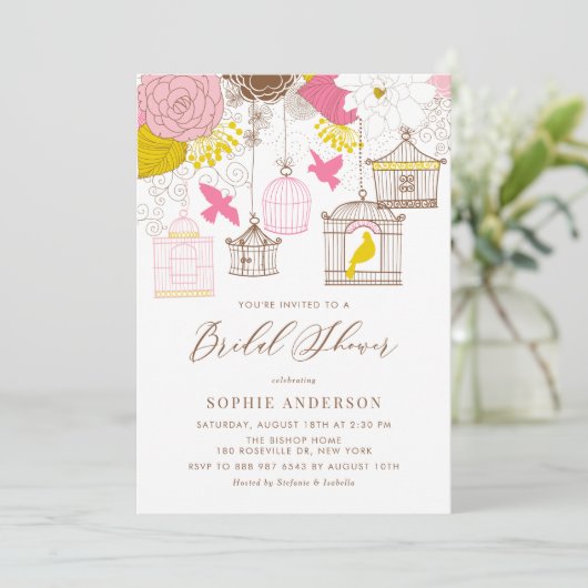 Roze en Geel Whimsical Birdcages Vrijgezellenfeest Kaart (Staand voorkant)