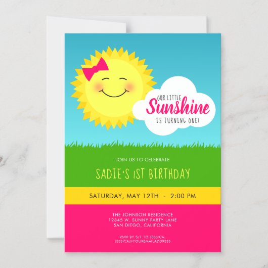 Roze en Geel Zonneschijn Verjaardagsfeest Magnetische Uitnodiging (Voorkant)