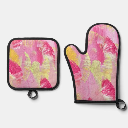 Roze en Gele Abstracte Kunst Ovenwant & Pannenlap Set (Voorkant)