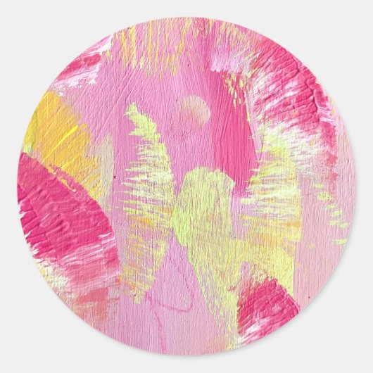 Roze en Gele Abstracte Kunststicker Ronde Sticker (Voorkant)