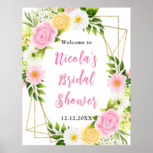 Roze en Gele Bloem Bruiloft Feest Welkom Poster (Voorkant)