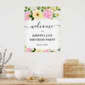 Roze en Gele Bloemen 21e Verjaardag Welkom Poster (Keuken)