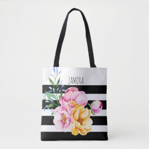 Roze en gele bloemen Bouquet Black Stripes Tote Bag
