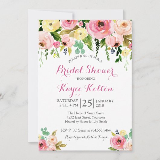 Roze en gele bloemen Bridal Shower Invitation Kaart (Voorkant)