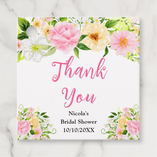 Roze en Gele Bloemen Bruiloftsdankjeshouding Bedankjes Labels (Voorkant)