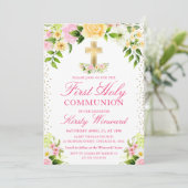 Roze en gele bloemen Eerste Heilige Communie Kaart (Staand voorkant)