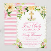 Roze en gele bloemen Eerste Heilige Communie Kaart (Voorkant / Achterkant)