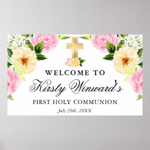 Roze en Gele Bloemen Eerste Heilige Communie Poster