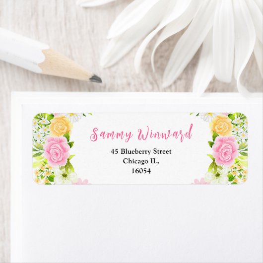 Roze en Gele Bloemen en Foliage Vrijgezellenfeest Etiket (Insitu)