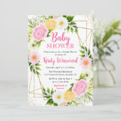 Roze en gele bloemen en gouden Lijst Baby shower Kaart (Staand voorkant)