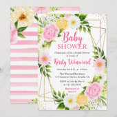 Roze en gele bloemen en gouden Lijst Baby shower Kaart (Voorkant / Achterkant)