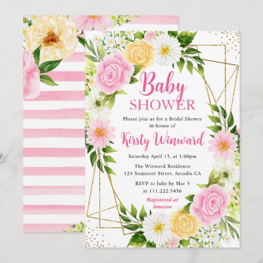 Roze en gele bloemen en gouden Lijst Baby shower Kaart (Voorkant / Achterkant)