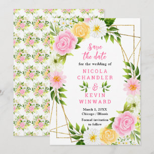 Roze en Gele Bloemen en Lofwerk Bruiloft in de Zom Save The Date