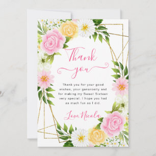 Roze en Gele Bloemen Gouden Lijst Sweet 16 Bedankkaart