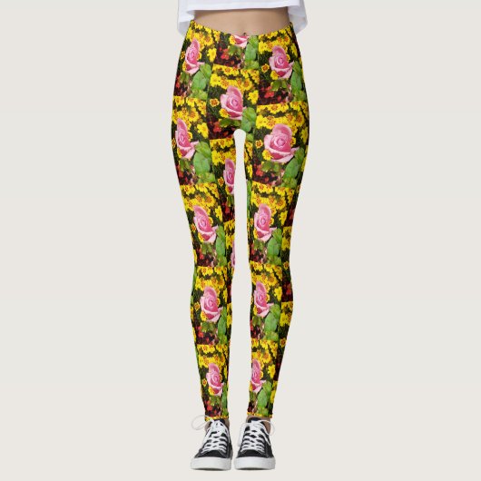 Roze en gele bloemen leggings (Voorkant)