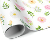 Roze en gele bloemen met bladpatroon cadeaupapier (Rol Hoek)