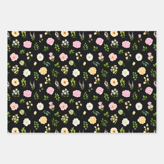 Roze en gele bloemen met gebladerte patroon inpakpapier vel (Voorkant 3)