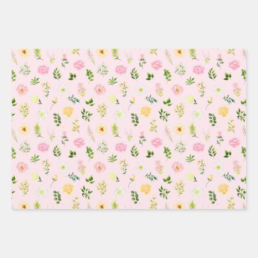 Roze en gele bloemen met gebladerte patroon inpakpapier vel (Voorkant 2)