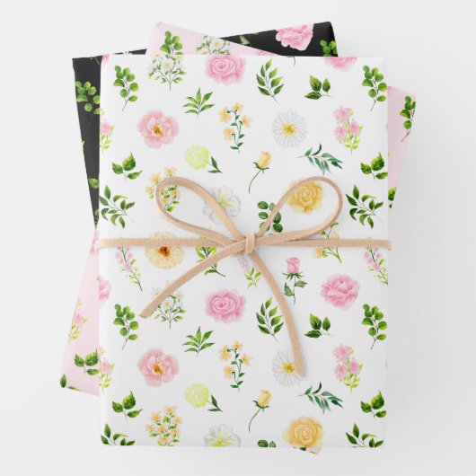 Roze en gele bloemen met gebladerte patroon inpakpapier vel (In situ)