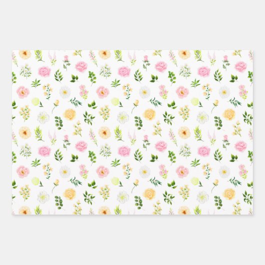Roze en gele bloemen met gebladerte patroon inpakpapier vel (Voorkant)