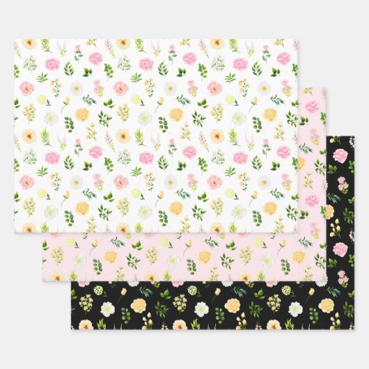 Roze en gele bloemen met gebladerte patroon inpakpapier vel (Set)