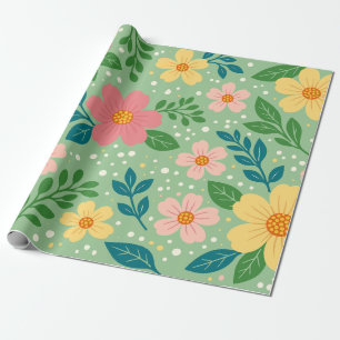 Roze en Gele Bloemen met Groene & Blauwe Bladeren Cadeaupapier