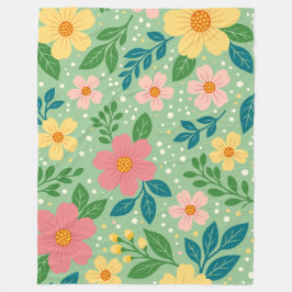 Roze en Gele Bloemen met Groene & Blauwe Bladeren Fleece Deken