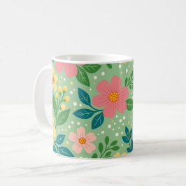Roze en Gele Bloemen met Groene & Blauwe Bladeren Koffiemok