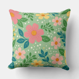 Roze en Gele Bloemen met Groene & Blauwe Bladeren Kussen