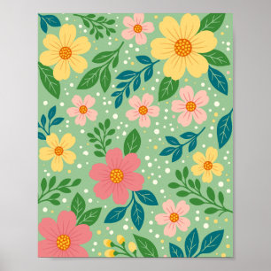 Roze en Gele Bloemen met Groene & Blauwe Bladeren Poster