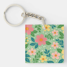 Roze en Gele Bloemen met Groene & Blauwe Bladeren Sleutelhanger