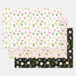 Roze en Gele Bloemen met Loofpatroon Inpakpapier Vel