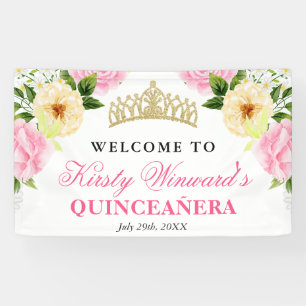 Roze en Gele Bloemen Welkom Quinceanera Spandoek