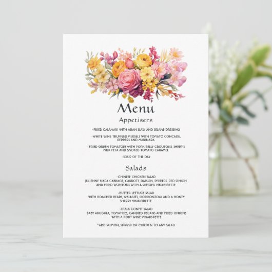 Roze en Gele Bloemenbruiloft Menu (Staand voorkant)