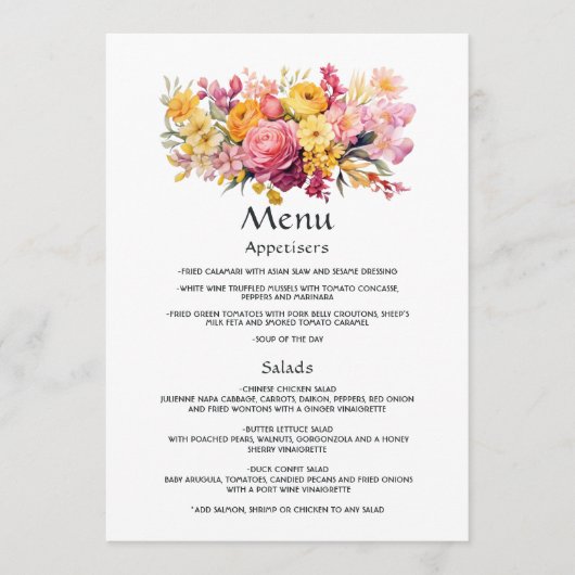 Roze en Gele Bloemenbruiloft Menu (Voorkant)