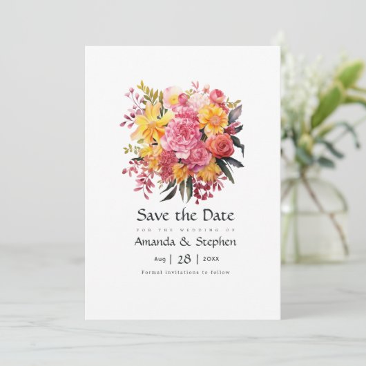 Roze en Gele Bloemenbruiloft Save The Date (Staand voorkant)