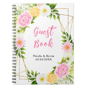 Roze en gele bloemenen gastboek voor de bruiloft notitieboek