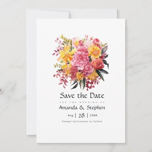 Roze en Gele Bloemige Bruiloft Save The Date (Voorkant)