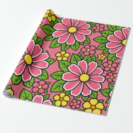 Roze en gele bloempatroon met groene bladeren cadeaupapier
